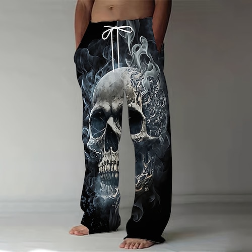 Herren Kostüme Skulls Hose Baggy Pants Freizeitpants Mittlere Taille Dunkel Gothic Stil Urlaub Streetwear Elastischer Kordelzug Taille Leinenähnliche Hose mit Taschen Sommer Frühling 3D Druck Schwarz Image