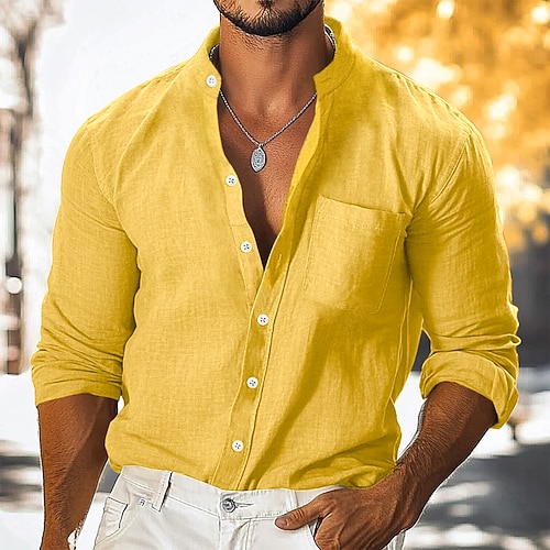 Herren Hemd Leinenhemd Knopfhemd Einfach Urlaub Lässig Schwarz Weiß Gelb Marineblau Langarm Umlegekragen Sommer Herbst Bekleidung Knöpfe Image