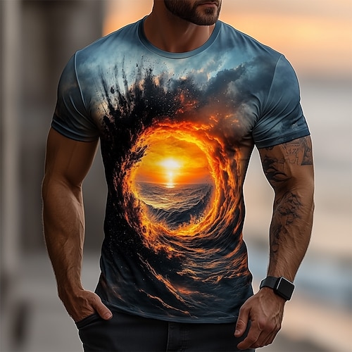 Herren Optische Täuschung Ozean 3D T Shirt Kurzarm T-Shirt 3D-Druck Rundhalsausschnitt Hemd Übertrieben Designer Party Straße Lässig Hellblau Blau 3# Blau 2# Sommer Frühling Ganzjahres Bekleidung S M Image