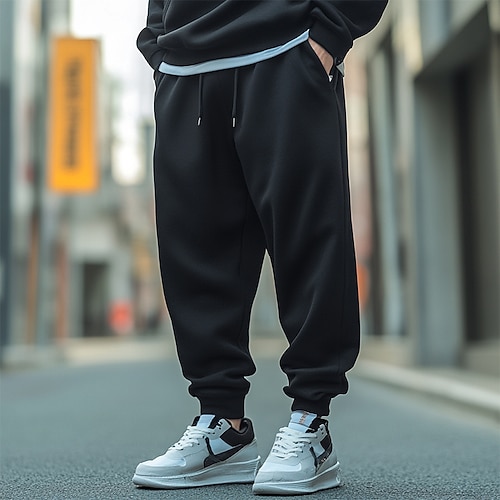 Herren Sporthose Fleecehose Jogginghose Hose Tasche Elastischer Bund Kordelzug Einfach Komfort Volle Länge Outdoor Täglich Ausgehen Mode Streetwear Schwarz Image