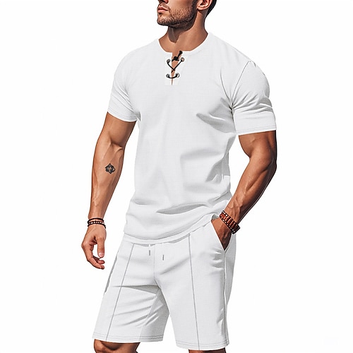 Herren Waffelhemd T-Shirt Anzüge 2-teiliges Outfit T-Shirt und Shorts Kurzarm V Ausschnitt Sommer Einfach Mode Lässig Schnürung 2 teilig Urlaub Alltagskleidung Ausgehen Schwarz Weiß Königliches Blau Image