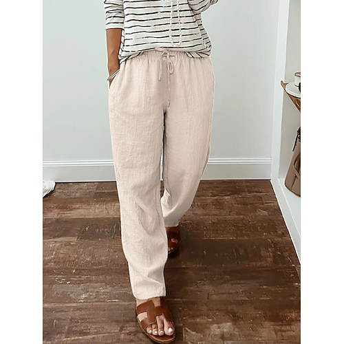 Damen 100% Baumwolle Hosen Hose Streetwear Lässig Lang Hohe Taille Einfach Tasche Elastisches Kordelzugdesign Hoher Schnitt Atmungsaktivität Weich Mikroelastisch Straße Alltagskleidung Schwarz Wei Image