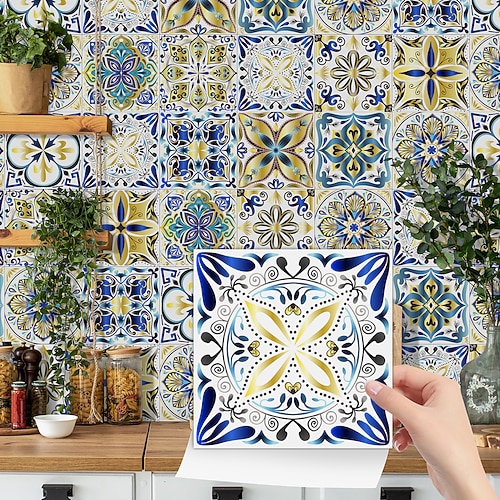 24 Stück Fliesenaufkleber im marokkanischen Stil, verdickte PVC-Wandaufkleber aus Kristallfolie, wasserfest Ölfeste, abnehmbare Retro-Fliesen-Wanddekoration für Badezimmer, Küche, Vintage-Haus Image