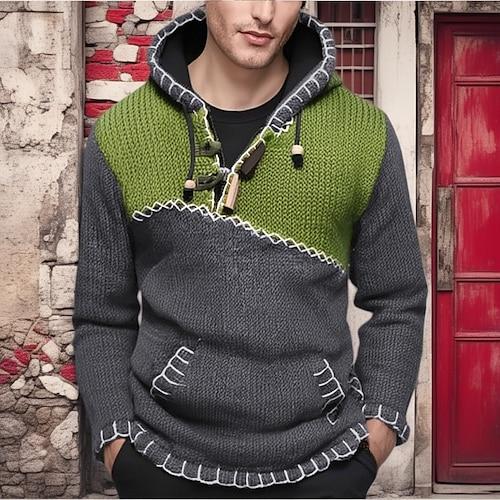 Herren Pullover Gerippt Stricken Normale Oberteile Gestrickt Schmale Passform Farbblock Mit Kapuze Strickware Zeitgenössisch Lässig Alltagskleidung Bekleidung Herbst Gelb Rote M L XL