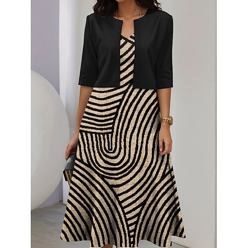 Damen Kleid-Set A Linie Kleid Sommerkleid Lässig Halbformelle Kleider Grafik Geometrie Druck Midikleid Halbarm V Ausschnitt Urlaub Date Schwarz Wein Grün Frühling Herbst Normale Passform Image