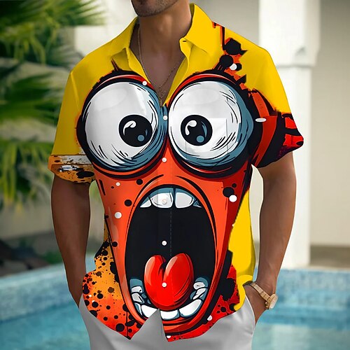 Herren Cartoon Lustig Große Augen Hemd Sommerhemd Knopfhemd Kurzarm Modisch lässig Outdoor Urlaub Alltagskleidung Sommer Frühling Umlegekragen 3D-Druck Hemden mit Kragen Eine Tasche vorne Gelb Image