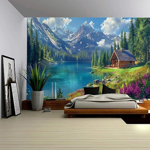 Natur Wandteppich Kunst Dekor Decke Vorhang Picknick Tischdecke hängend Haus Schlafzimmer Wohnzimmer Wohnheim Dekoration Wald Landschaft Sonnenschein durch Fluss Image