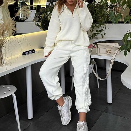 Per donna Pantaloni da Tuta Abito in maglia Cerniera a un quarto Tinta unita Completo Abbigliamento Autunno Inverno Bianco Rosso Palestra Allenamento Corsa Vita Alta Antivento Traspirante Manica