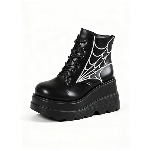 Schwarze Plateaustiefeletten für Damen mit Spinnennetz-Design – klobige Schnürstiefeletten für Halloween, Cosplay und Maskenbälle, Punk- und Gothic-Stil, bequem für den ganzen Tag Image