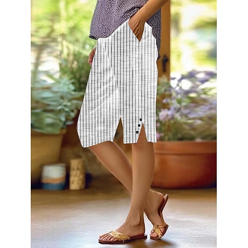 Damen Kunstbaumwollleinen Chinos Schnitt Streetwear Lässig Knielang Hohe Taille Einfach Tasche Drucken Atmungsaktivität Weich Mikroelastisch Urlaub Straße Alltagskleidung Wein Weiß Gelb Rote Herbst Image