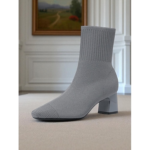 Marineblaue Strick-Sockenstiefel für Damen – spitze Stretch-Stiefeletten mit Blockabsatz für elegante Alltags- und Herbstoutfits Image