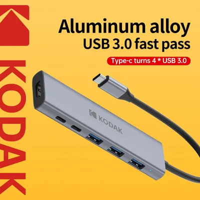 KODAK T340 6-in-1USB C-Hub Aluminium-Dockingstation-USB 3.0 (5 Gbit/s) * 3, 100 W PD-Aufladung, 4K HDMI, universell für Laptop/Smartphone Image