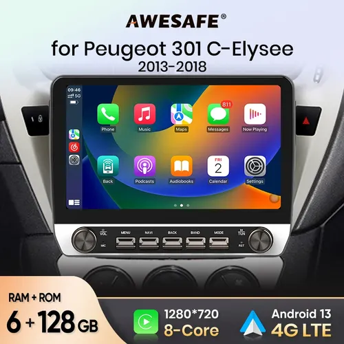 AWESAFE-Autoradio Android Auto Stéréo avec lèvent, Carplay Sans Fil, Limitation GPS, 4G, KIT 301 C-Elysee 2013-2018