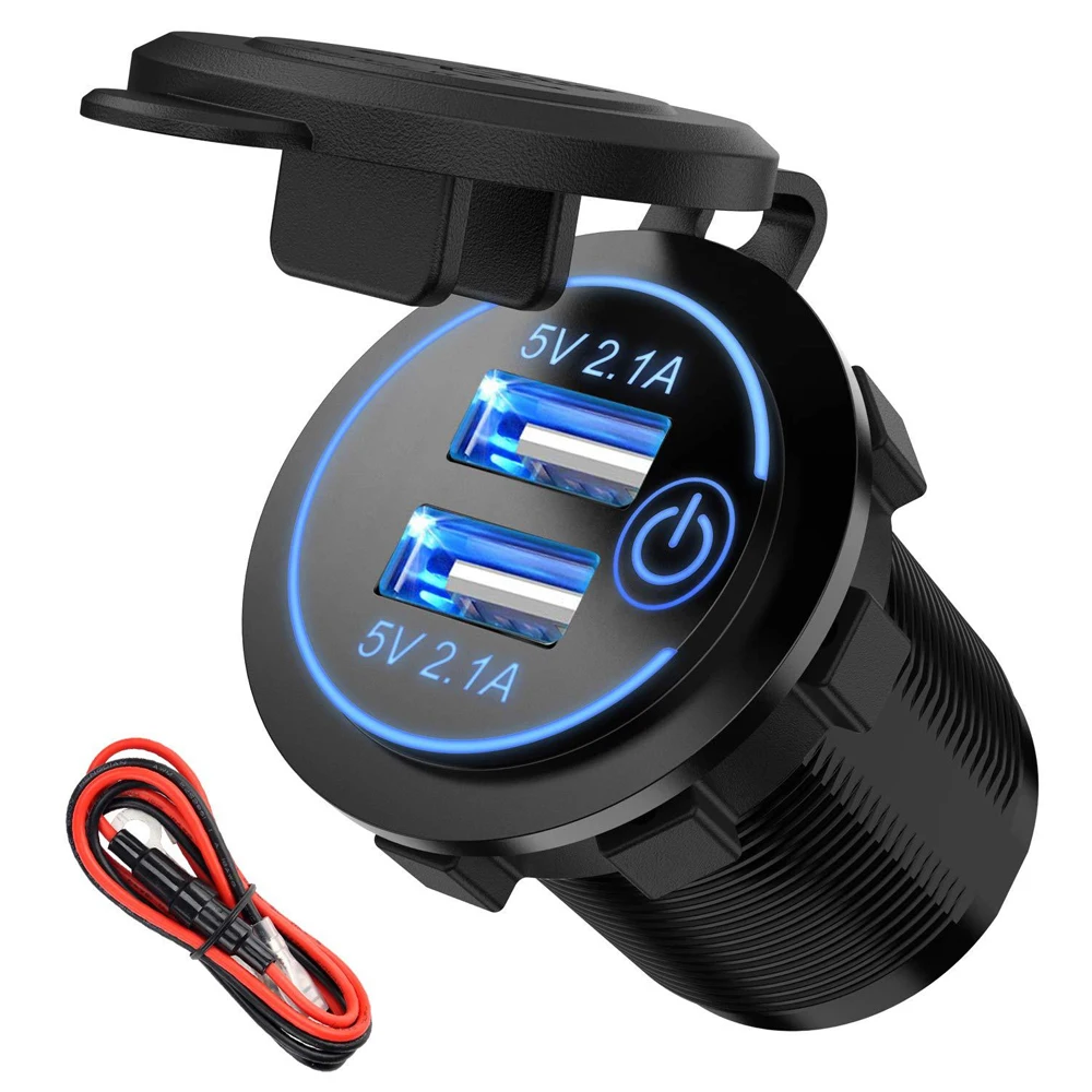 Autoladegerät, Zigarettenanzünder, 5 V, 2,1 A, mit Touch-Schalter, 12 V/24 V, 36 W, QC 3.0, Dual-USB-Buchse, Steckdose für Auto und Motorräder