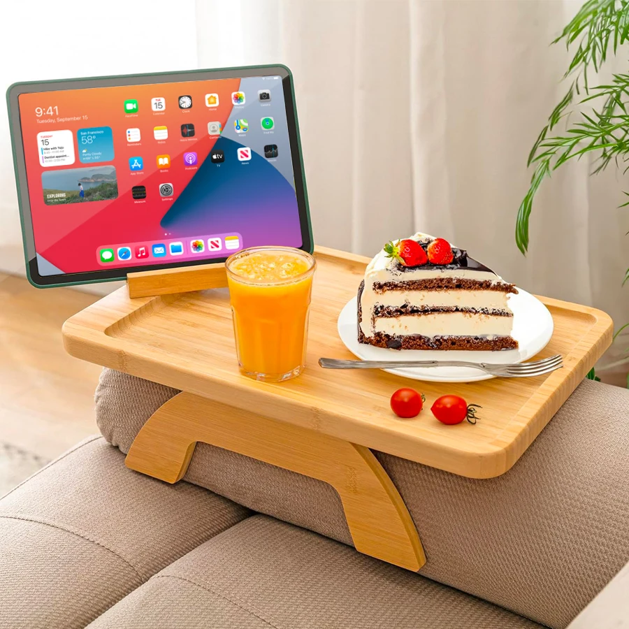 Couch-Armtablett, Bambus-Sofa-Clip auf Beistelltisch, faltbarer Couch-Armlehnen-Tisch mit 360° ° Telefonhalter, Tabletts zum Essen/Getränke/Snacks Image