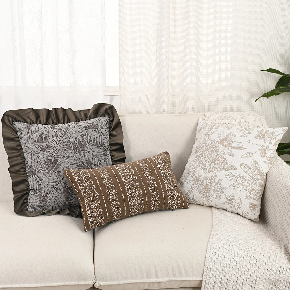 BUYNOW Brauner Samt-Blatt-Jacquard-Spitzen-Kissenbezug, böhmischer amerikanischer Vintage-Stil, für Wohnzimmer, Sofa, Kissenbezug, Zuhause, Schlafzimmer, Dekoration Image