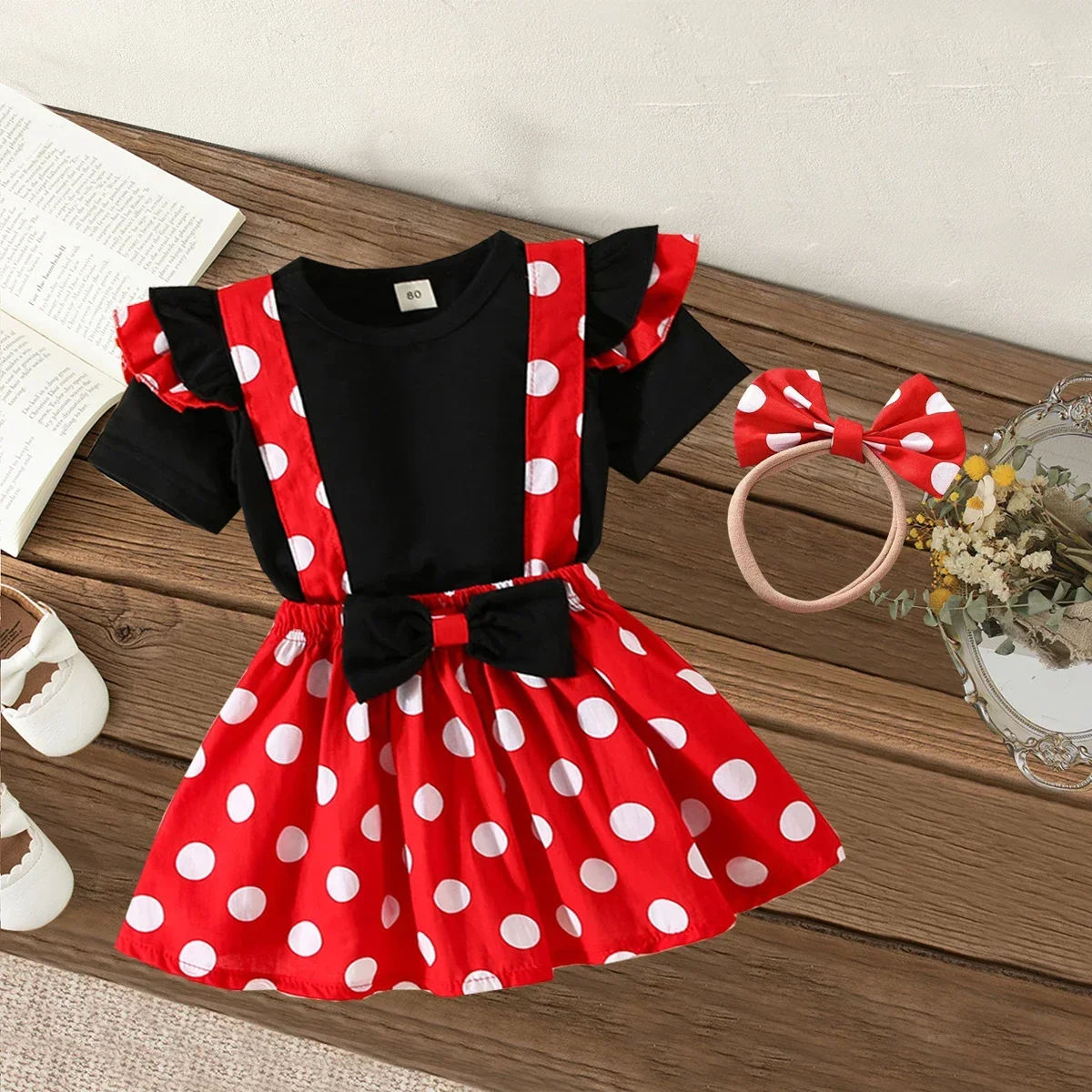3-teiliges Sommer-Baby-Kleid mit kurzen Ärmeln, niedlicher Schleife, 0–2 Jahre alt, Kinder-Partykleid, T-Shirt, Rock, Stirnband-Set Image