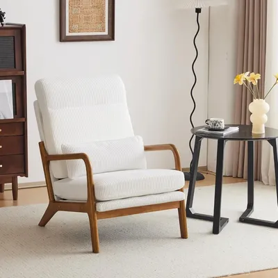 Upgraded Premium Corduroy High Back Accent Chair,Upholstered Arm Chair,Solid Wood Comfy Reading Chair with Lumbar Pillow, Mid C