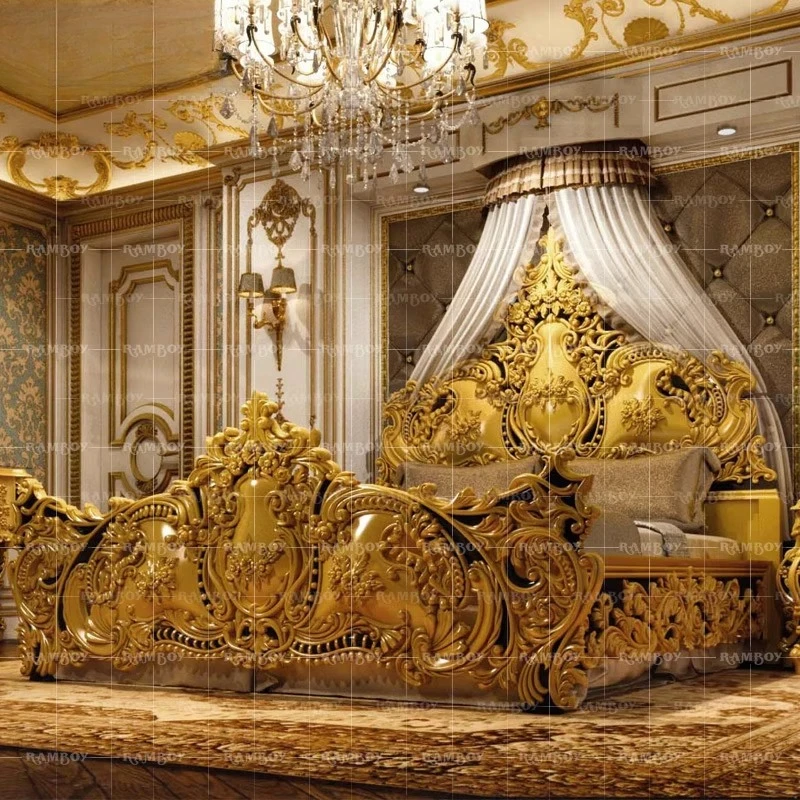 Französisches Massivholz-Doppelbett, Queen-Size-Bett, Funky-Design, romantisches, ungewöhnliches Schlossbett, Ästhetik, Prinzessin, schlafende Beliche, Wohnmöbel Image