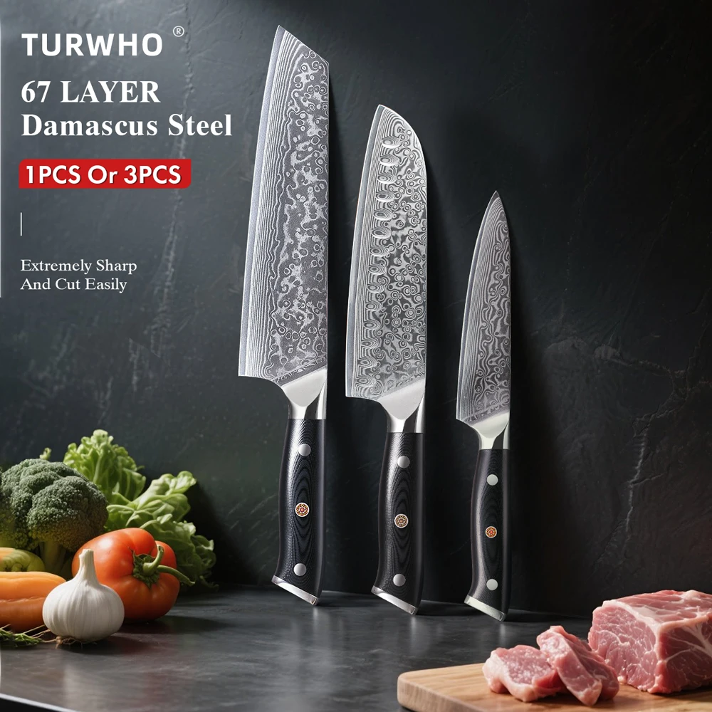 TURWHO 1PC-3PCS Professionelle Küchenmesser Set Utility Santoku Kiritsuke Kochmesser Japanischer Damaststahl G10 Griff Geschenkbox Image