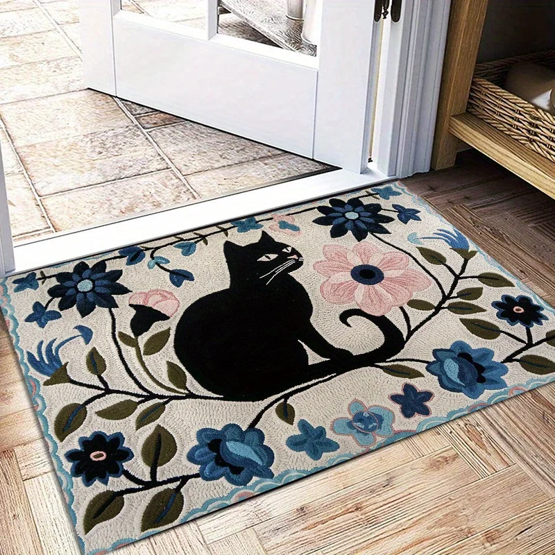 VIKAMA Schwarze Katze, süßes Haustier, Blumenmuster, Bodenmatte, Küche, Schlafzimmer, Decke, Eingangsbereich, Kinderzimmer, Ins-Stil, Heimdekoration Image