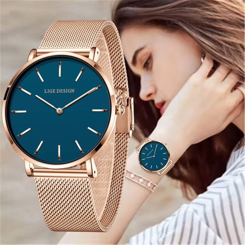 LIGE Neue Frauen Armband Uhr Mode Sport Wasserdichte Uhr Frauen Top Marke Luxus Ultra Dünne Mesh Quarz Armbanduhren Frau Image