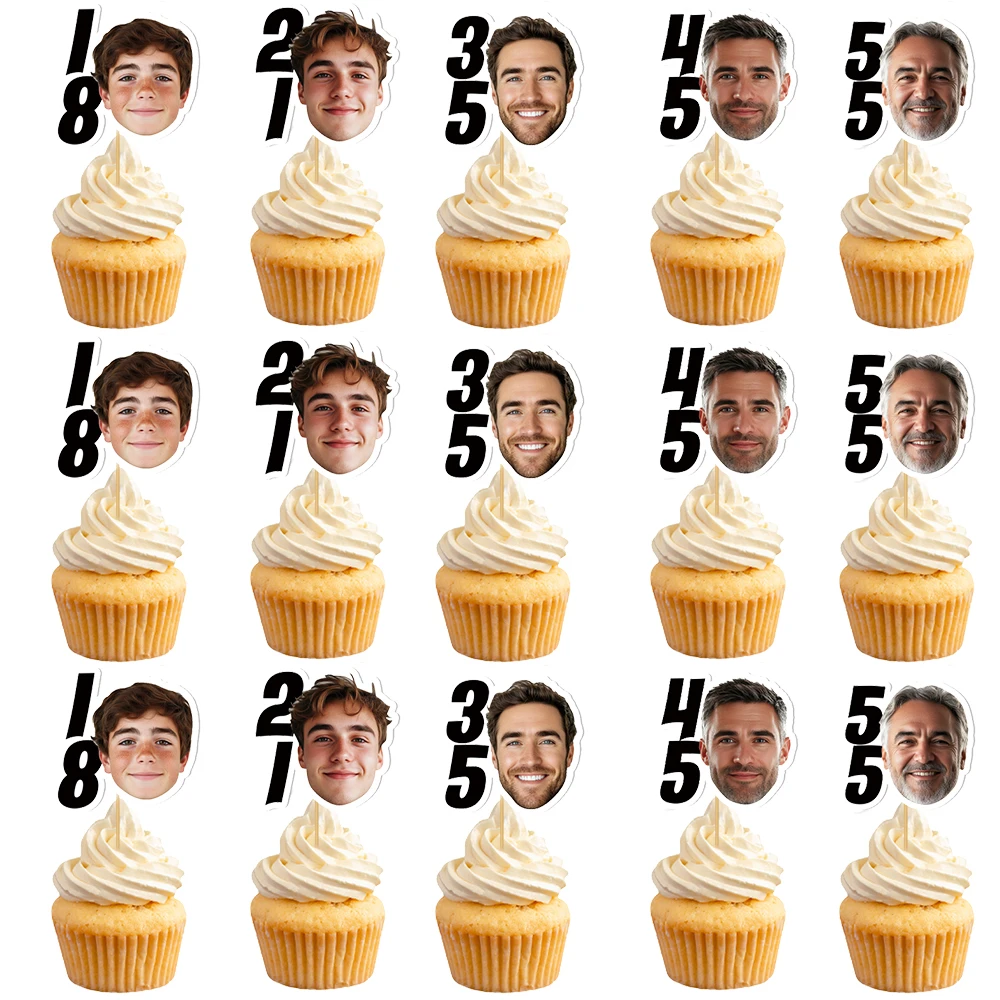 6/12 Stück personalisierte Gesichtsfoto Geburtstag Cupcake Topper 18. 21. 35. 45. 55. Jahrestag Geburtstag Party Kuchen Dekor Topper Image