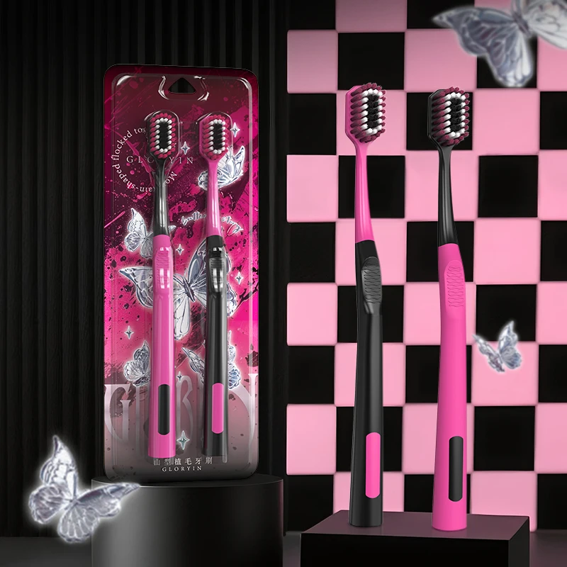 GLORYIN [8 Stück] [4-teilig] Schwarz-Rosa-Serie Bergförmiger konvexer Bürstenkopf Weiches Haar Manuelle Zahnbürste Travel Essential Image