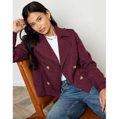 Berry Red Double Breasted Cropped Trench Coat
