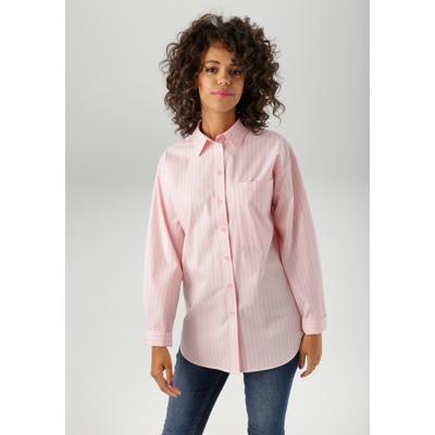 Hemdbluse ANISTON CASUAL, Damen, Gr. 46, rosa (rosa, pink), Web, Obermaterial: 100% Baumwolle, gestreift, casual, oversize Po-bedeckend, Langarm 1-Knopf-Manschette, Blusen, im Streifen-Dessin - NEUE KOLLEKTION Image