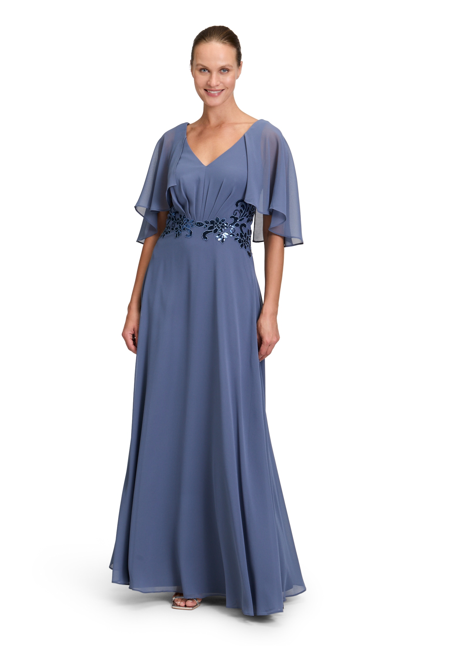 Abendkleid VERA MONT "Damen Abendkleid mit Stickerei", Damen, Gr. 36, Normalgrößen, lila (tansanit blau), Obermaterial: 100% Polyester. Besatz: 100% Polyester. Futter: 100% Polyester., ausgestellt lang, tiefer Rundhals, Kleider Image