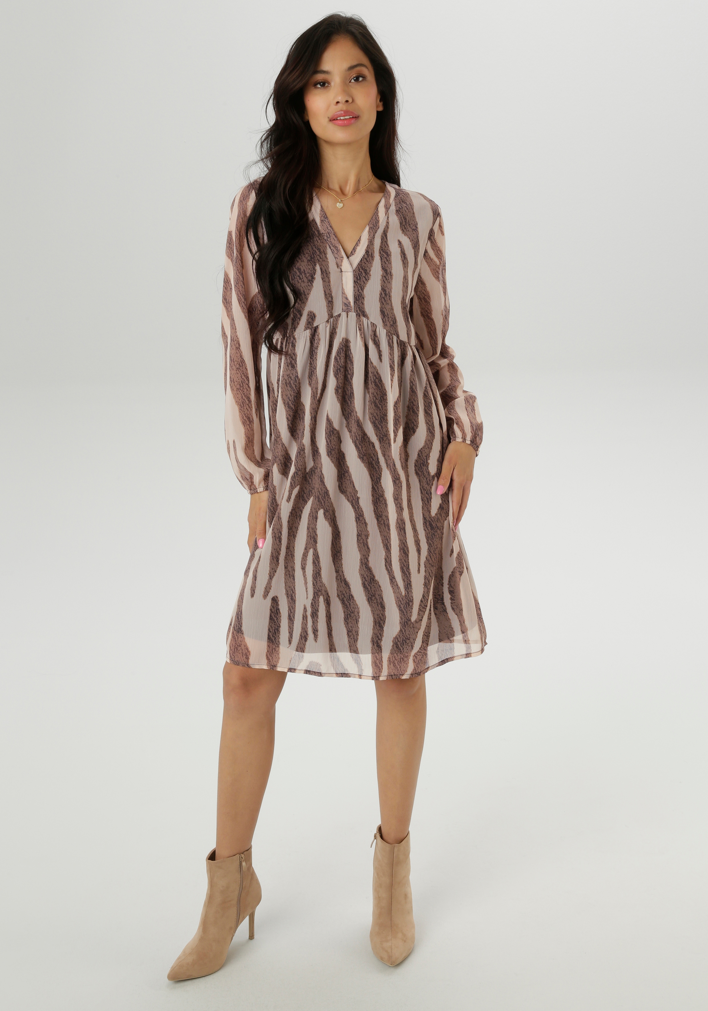 Tunikakleid ANISTON SELECTED, Damen, Gr. 48, N-Gr, schwarz (braun, camel, beige, schwarz), Chiffon, Obermaterial: 100% Polyester. Futter: 100% Polyester, bedruckt, gemustert, figurumspielend kniefrei, V-Ausschnitt, mit Gummizug, Kleider, mit...