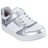 Sneaker SKECHERS "QUICK STREET", Kinder, Gr. 27, silber (weiß, silberfarben), Lederimitat, metallic, sportlich, Schuhe, Retro Sneaker mit Klettverschluss, Größenschablone zum Download