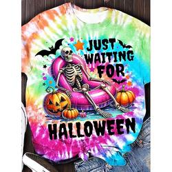 T-shirt pour femmes d'Halloween crânes graphique vintage élégant casual à manches courtes col ras du cou tops réguliers quotidiens imprimé jaune orange rose pink été automne