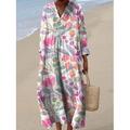 Robe Midi Femme Col V Manches Longues Kaftan Léger Coupe Ample Robe A Ligne Décontractée Boho Sortie Graphique Florale Manches Longues Col V Blanc Rose Orange Blanc cassé Automne