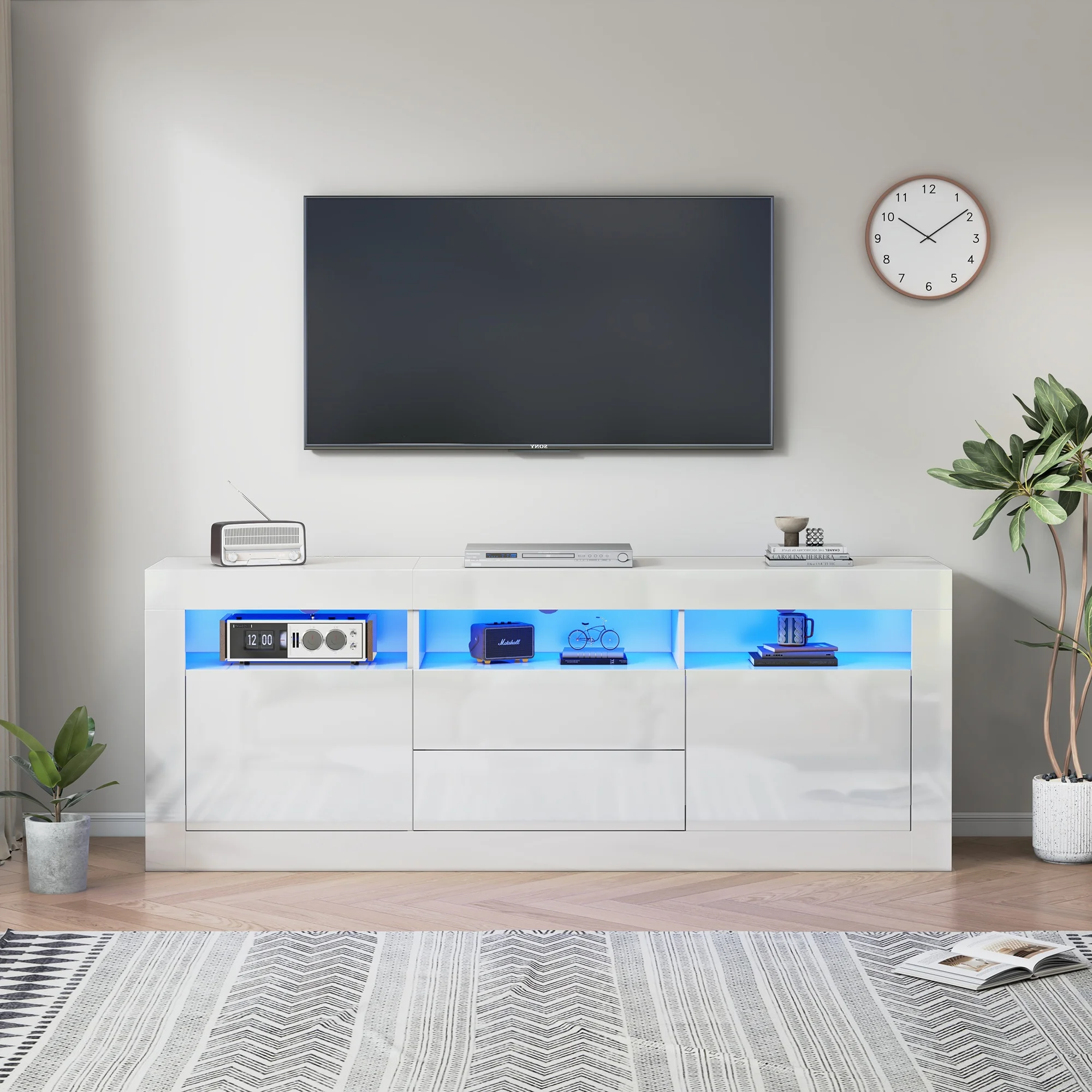 TV-Schrank TV-Lowboard mit LED-Beleuchtung und Smart App Steuerung, 160*35*60cm, Fernsehtisch Wohnzimmerschränke Hochglanz-Hänge Image