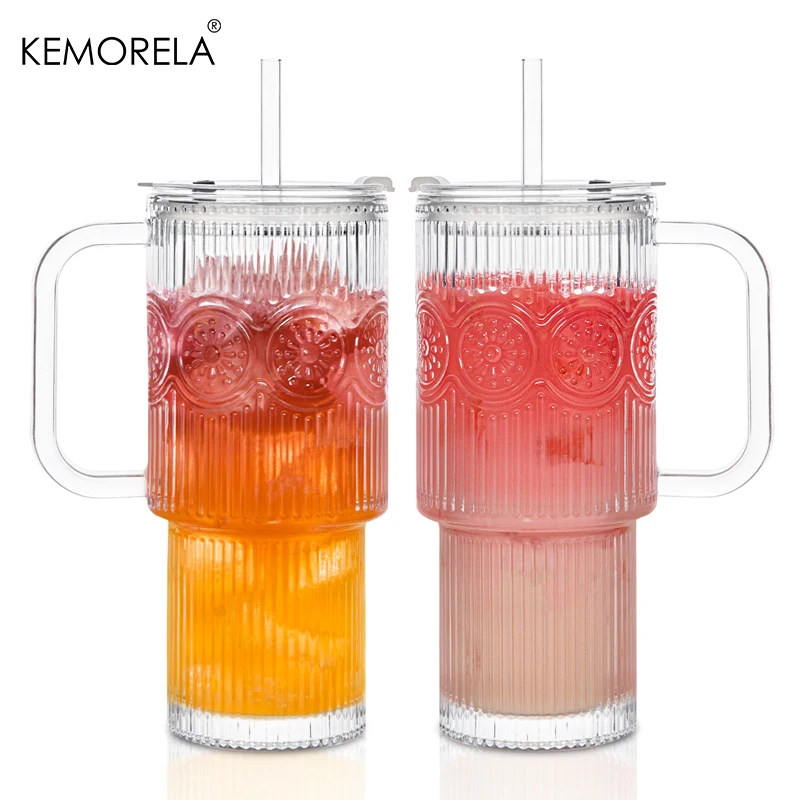 750 ml Sonnenblumen-Glasbecher mit Griffdeckel, 1/2 Stück, große Eiskaffeetassen mit Strohhalmen, moderner Glasbecher für kalte, heiße Getränke Image