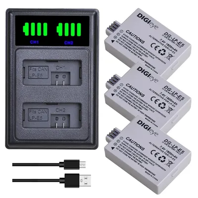 1800 mAh LP-E5 LPE5 Akku + LED-Typ-C-Ladegerät für Canon EOS Rebel XS, Rebel T1i, Rebel XSi, 1000D, 500D, 450D, Kiss X3, X2, F