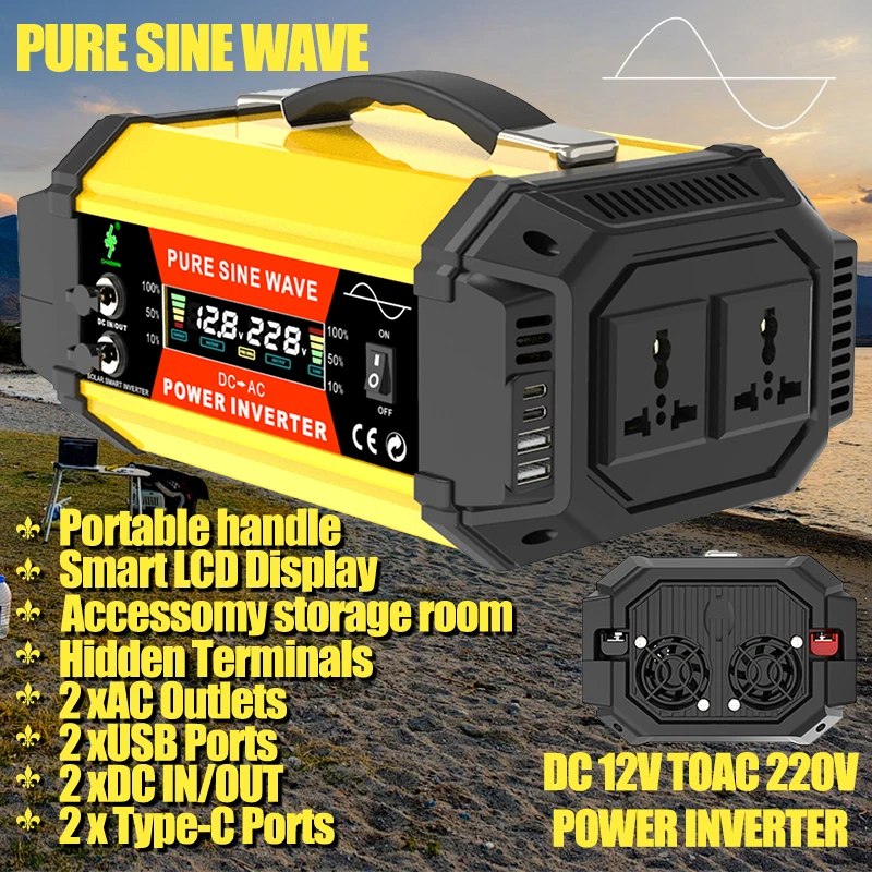 5000 W reiner Sinus-Wechselrichter – 12 V auf 220 V Hochleistungswandler für Autos, Wohnmobile und Outdoor-Abenteuer (2 USB + Spannungsanzeige) Image