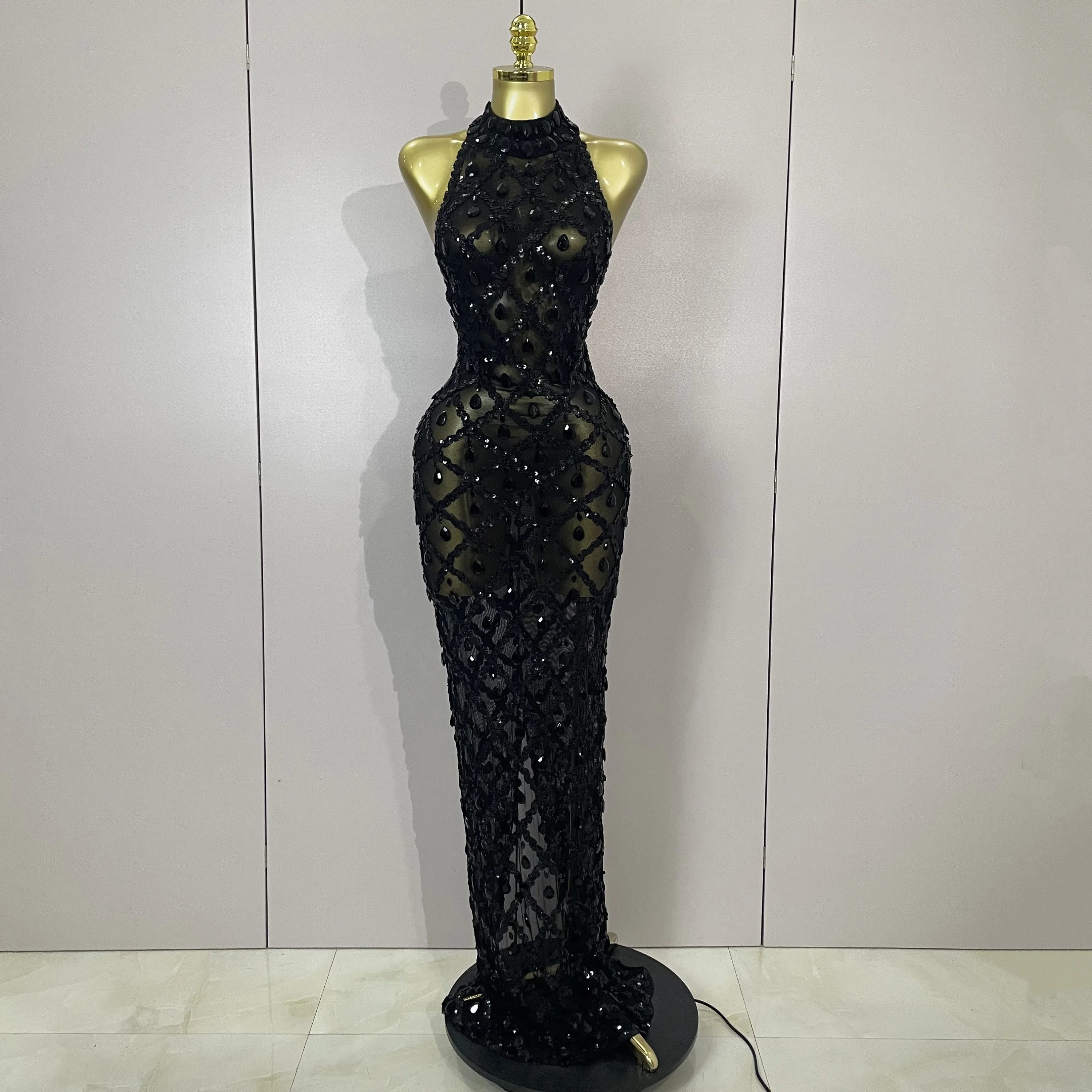 Neueste Shiny Diamant Pailletten Grün Sexy Mesh Lange Kleid Frauen Feiern Abend Prom Geburtstag Party Nachtclub Bühne Kostüm