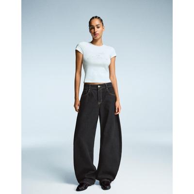Bershka Wide-Leg Barrel Jeans Women 16 Black