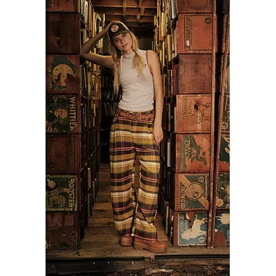 Buckle Back Plaid Trousers at Free People in Citron Combo, Size: US 4