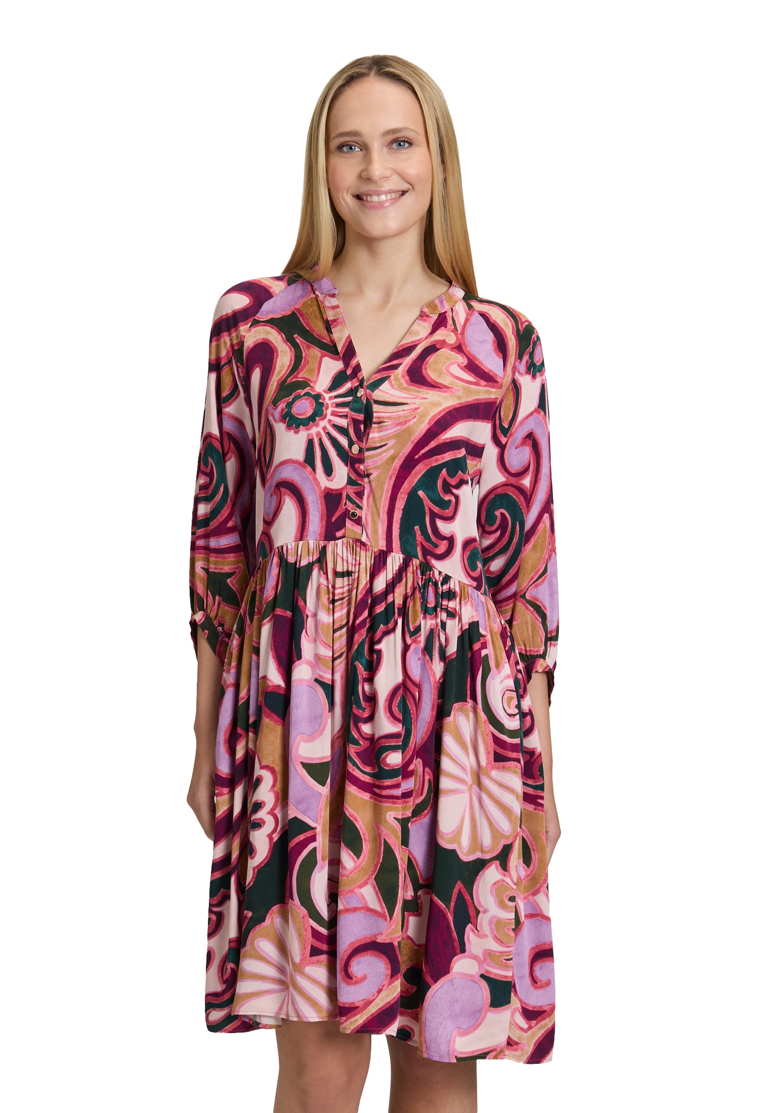 Blusenkleid CARTOON "Damen mit Taschen", Damen, Gr. 44, Normalgrößen, bunt (violett, rosa), Obermaterial: 100% Viskose, tailliert kurz, Kleider Blusenkleid