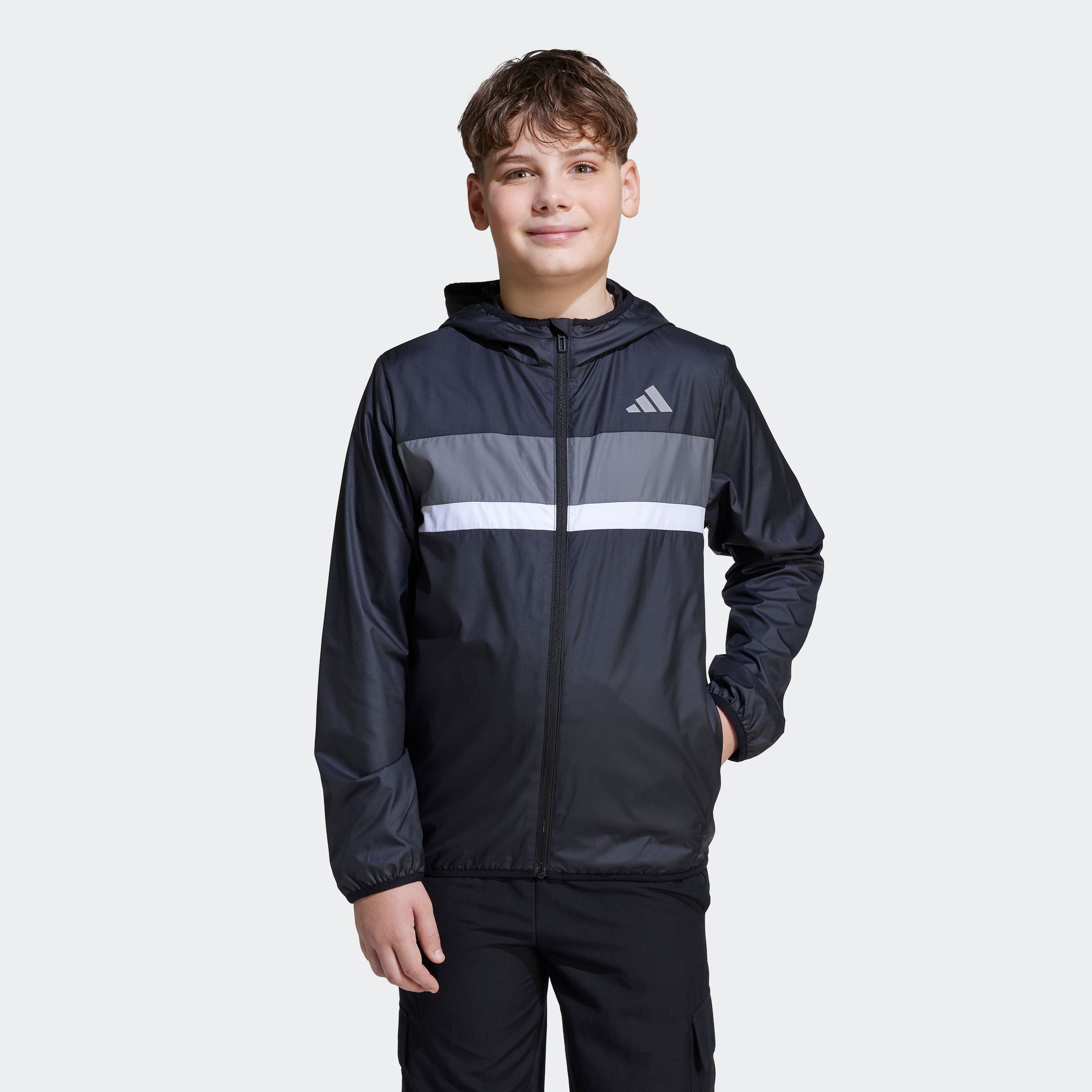 Windbreaker ADIDAS SPORTSWEAR "J TIBERIO WB", Kinder, Gr. 152, weiß (schwarz, grau four, weiß), Obermaterial: 100% Polyester, normal, Jacken Image