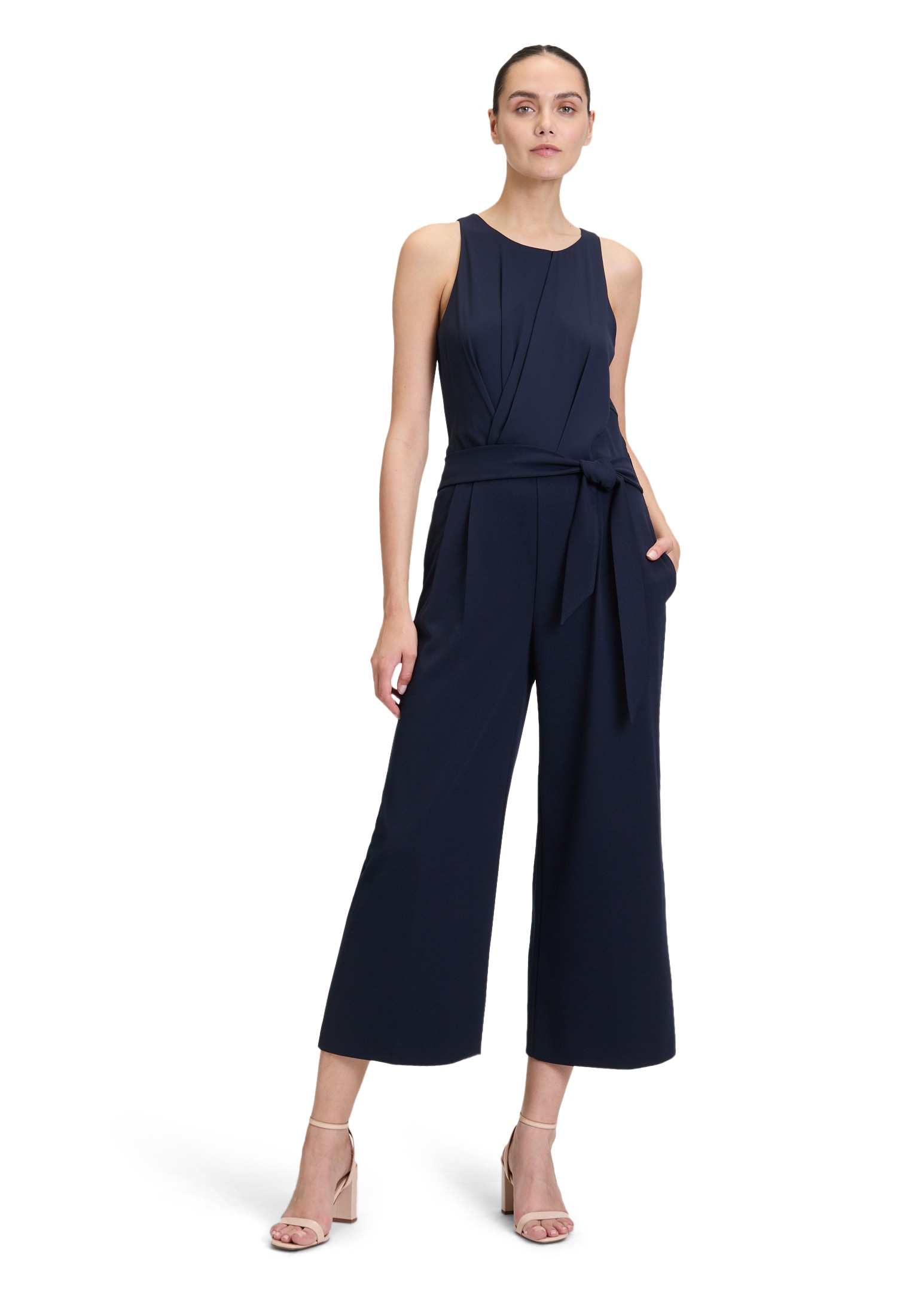 7/8-Overall VERA MONT "Damen mit Bindegürtel", Damen, Gr. 44, Normalgrößen, blau (night sky), Obermaterial: 95% Polyester, 5% Elasthan; Futter: 100% Polyester, figurumspielend, Rundhals, Overalls