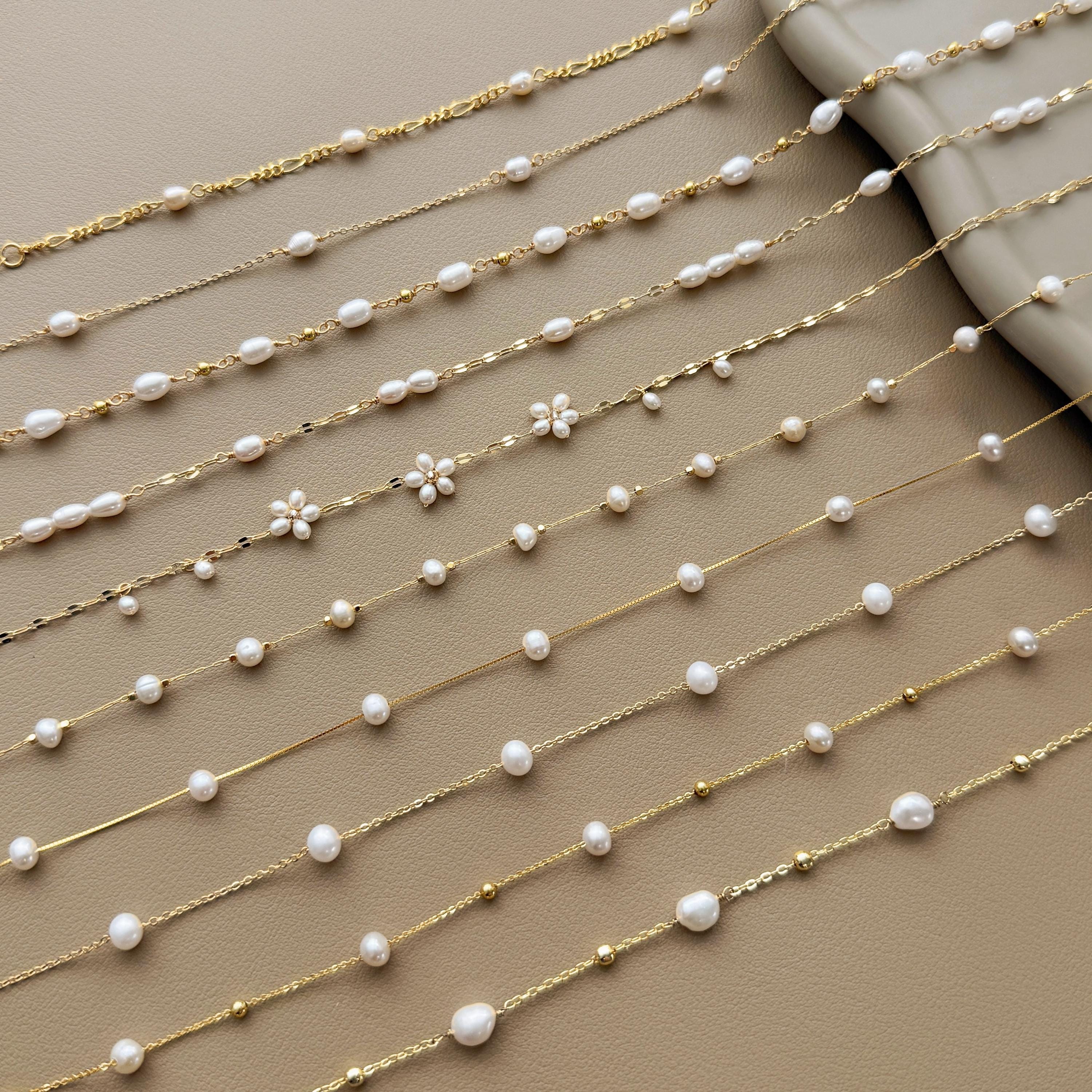 Delicata collana di perle d'acqua dolce naturali, collana di perle con catena in oro, girocollo di perle, collana di perle multiple, collane da sposa,