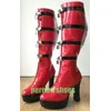 Lady Red Metallic Lock Metal Design Kniestiefel Plateau Blockabsatz Vintage Spiegel Pu Schwarz Rot Mix Farbe Stiefel Schuhe Größe 46