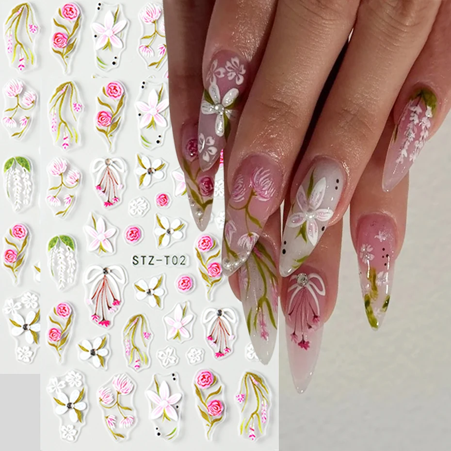 3D rosa Lilie Rose Blumen Aufkleber für Nagel weiß Gänseblümchen Band Schleife selbstklebende Schieber für Nagel Sommer Herbst Blütenblätter Nail Art Supplie Image