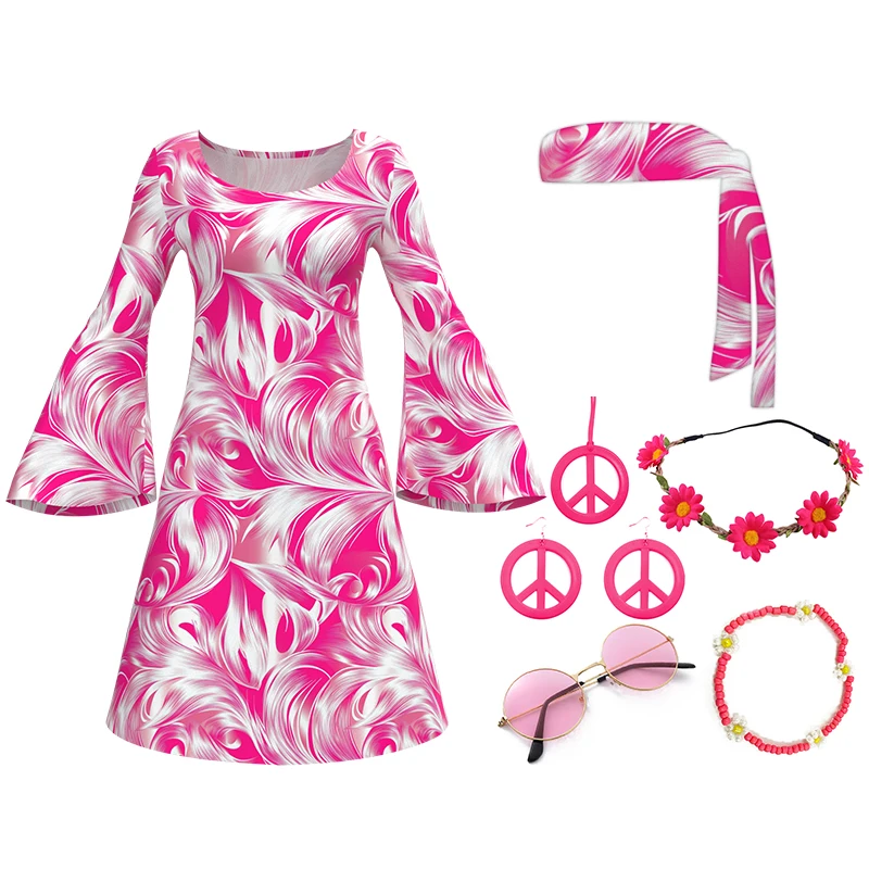 60er 70er Jahre Rosa Disco Outfit Hippie Kostüm Damen 1970 Stil Kleidung Kleid Friedenszeichen Zubehör Schmuck Halloween