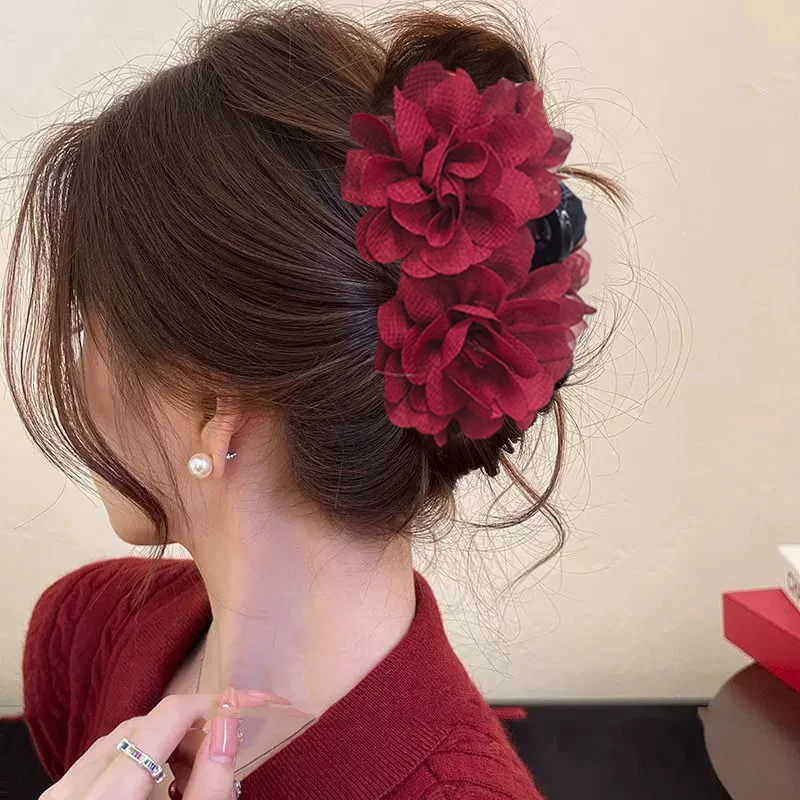 Sommer Mesh Haar Klaue Blume Schwarz Rot Pferdeschwanz Haarnadel Haar Krabbe Hochzeit Festival Party Kopfbedeckungen Haar Clips Krabben Zubehör Image